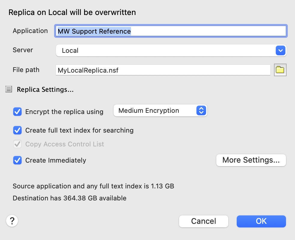 New Replica Dialog