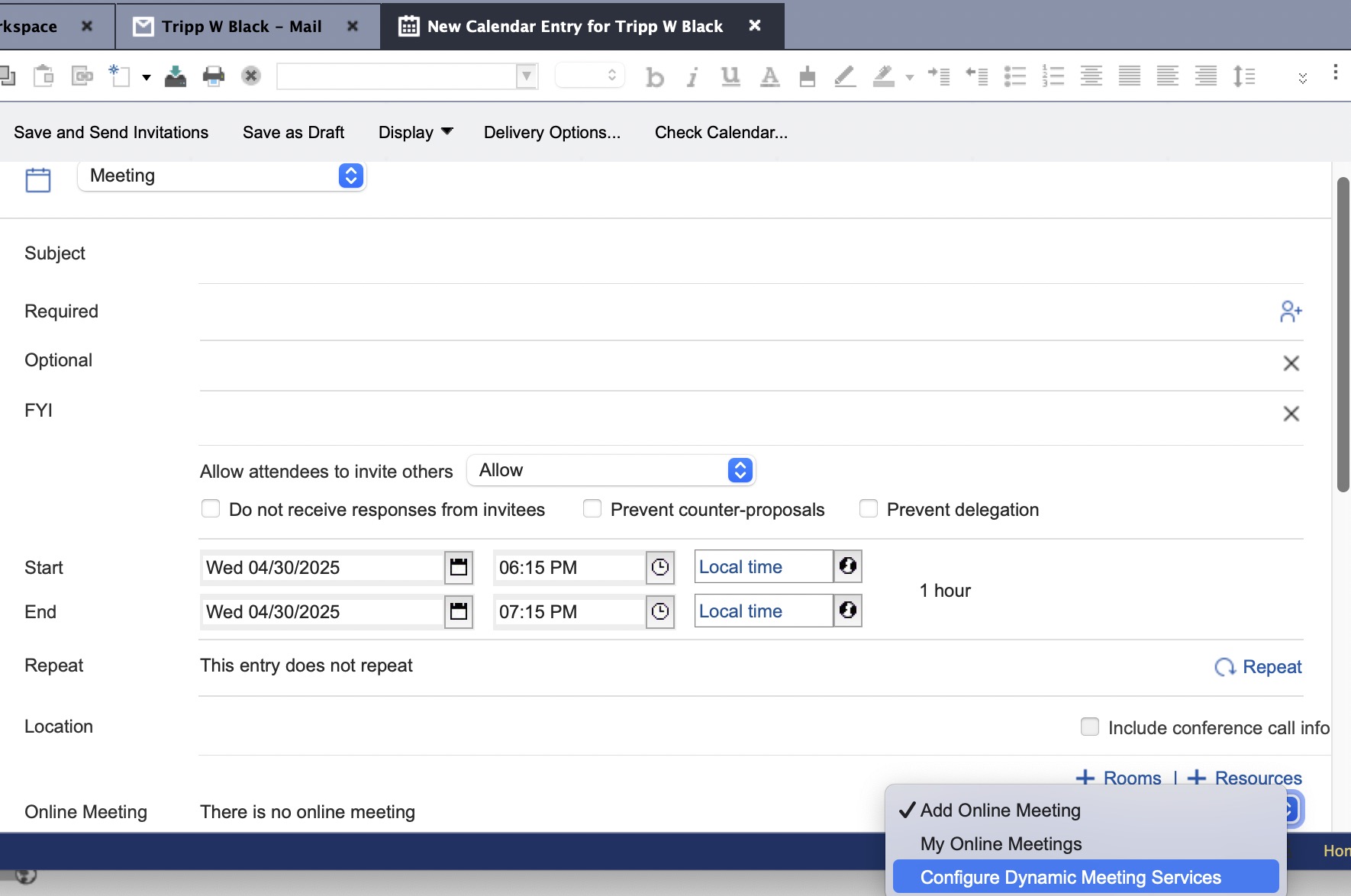 New Calendar Meeting tab with Configure Dynamic Meeting Services Option