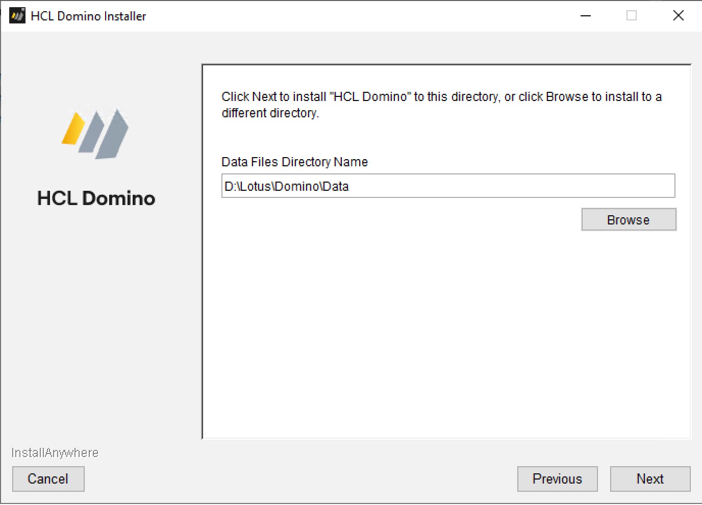 HCL Domino Installer - Data Files Directory Name page