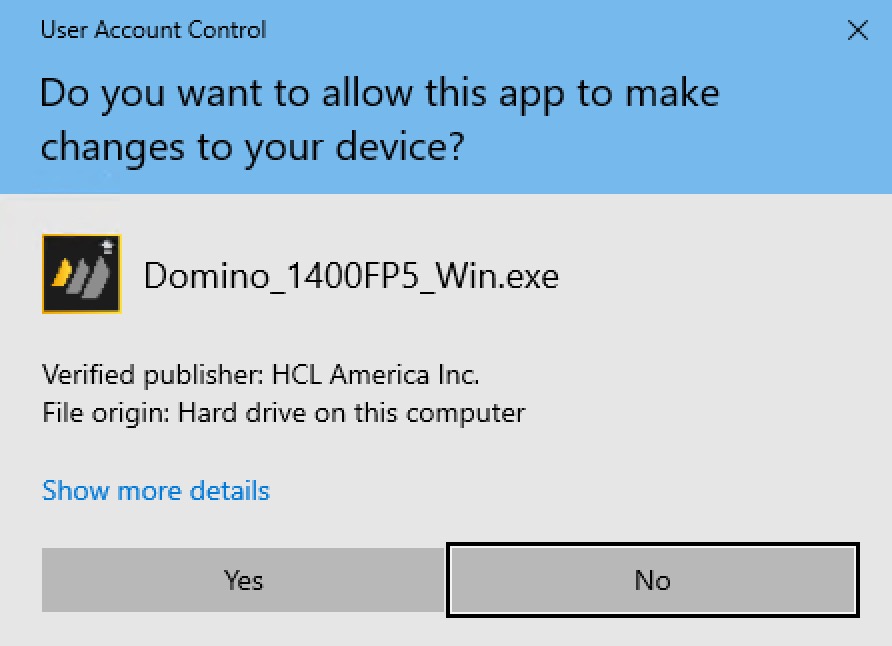 User Account Control - Domino 14 FP5 dialog