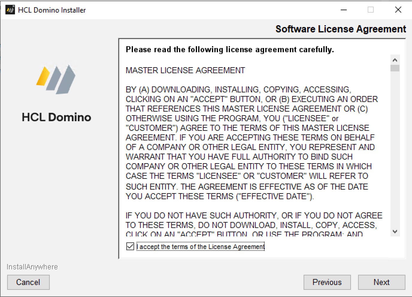 HCL Domino Installer - Software License Agreement page