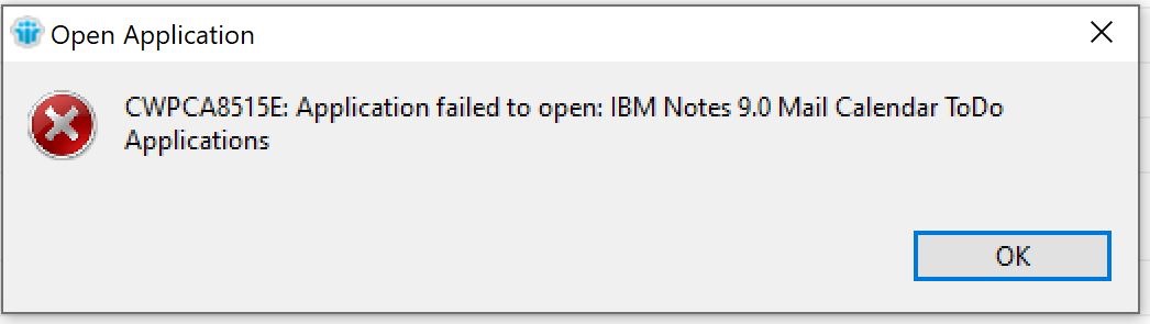 CWPCA8515E Application failed to Open Error Dialog